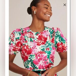 Vineyard Vines brush floral puff sleeve top M red pink